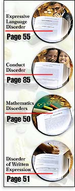 Expressive Language Disorder - Page 55; Conduct Disorder - Page 85; Mathematics Disorders - Page 50; Disorder of Written Expression - Page 51